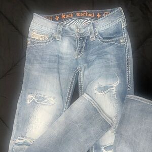 Rock Revival Women's Light Blue Distressed Cutt-Straight Jeans